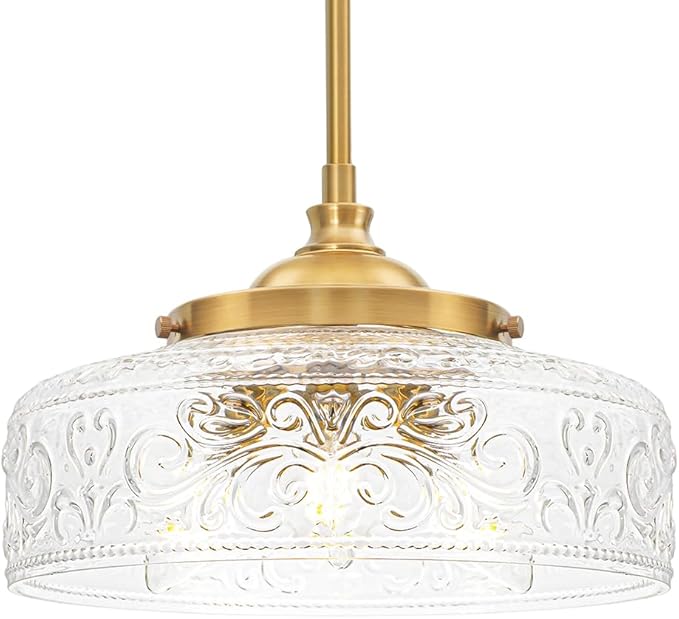 3-Light Adjustable Pendant Lights Kitchen Island, Gold Brushed Metal & Clear Glass Ceiling Pendant Light, Vintage Brass Drop Lights for Bathroom, Hallway, Convertible Ceiling Mount Or Hanging Fixture