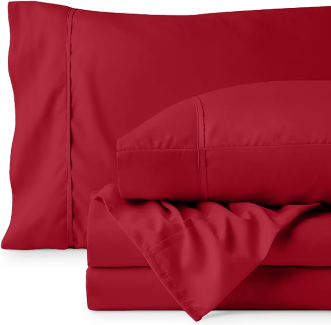 Bare Home Split Head Flex King Sheet Set - 1800 Ultra-Soft Microfiber Bed Sheets - Double Brushed - Deep Pockets - Easy Fit - 4 Piece Set - Bedding Sheets & Pillowcases (Red)