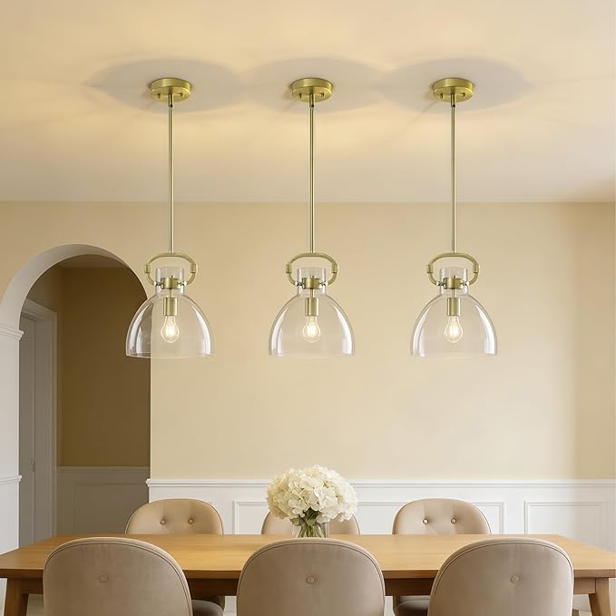 9.8'' Modern Pendant Lights for Kitchen Island, 1-Light Gold Glass Pendant Lighting, Adjustable Brass Hanging Pendant Lights Fixtures for Dining Rooms, Bathroom E26