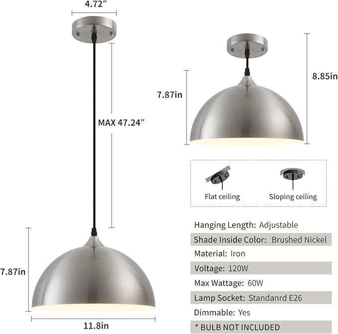 Brushed Nickel Industrial Pendant Light 11.8inches 2 Packs,Mental Hanging Light Fixtures for Kitchen Island,Dome Pendant Light,Ceiling Light Fixtures for Restaurant Dining Room Aisle