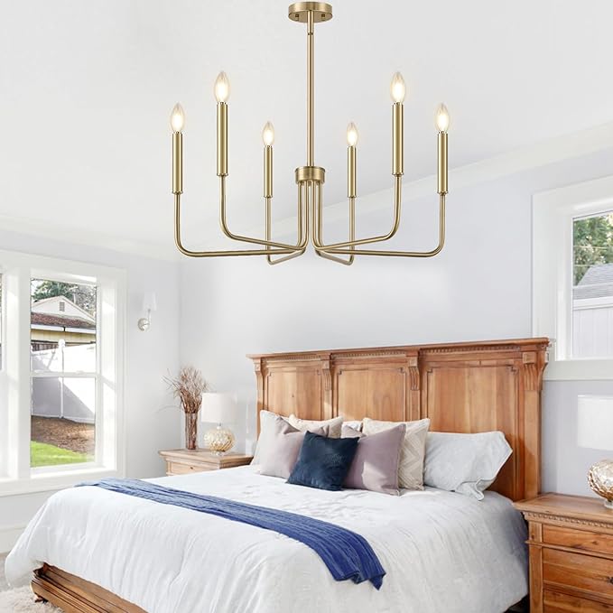 Lynnoland Brass Chandelier, 6-Light Farmhouse Chandeliers for Dining Room Lighting Fixtures Hanging, Vintage Candle Pendant Light Light Fixture for Bedroom, Kitchen, Foyer and Living Room