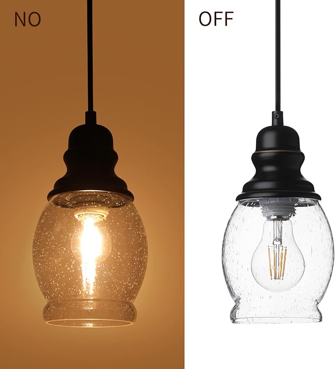 WILON Pendant Lights for Kitchen Island, Seeded Glass Mini Pendant Light Fixtures Farmhouse Pendant Lighting Metal Black Pendant Light Over Kitchen Island Sink Dining Table