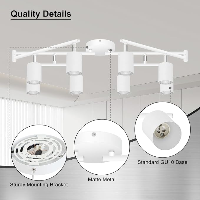 AUQUEE 8 Light Track Lighting Fixtures Ceiling, Matte White Kichen Track Lighting Fixtures, Rotatable Light Heads, Adjustable Modern LED Track Lights for Kitchen/Hallway, No GU10 Bulb