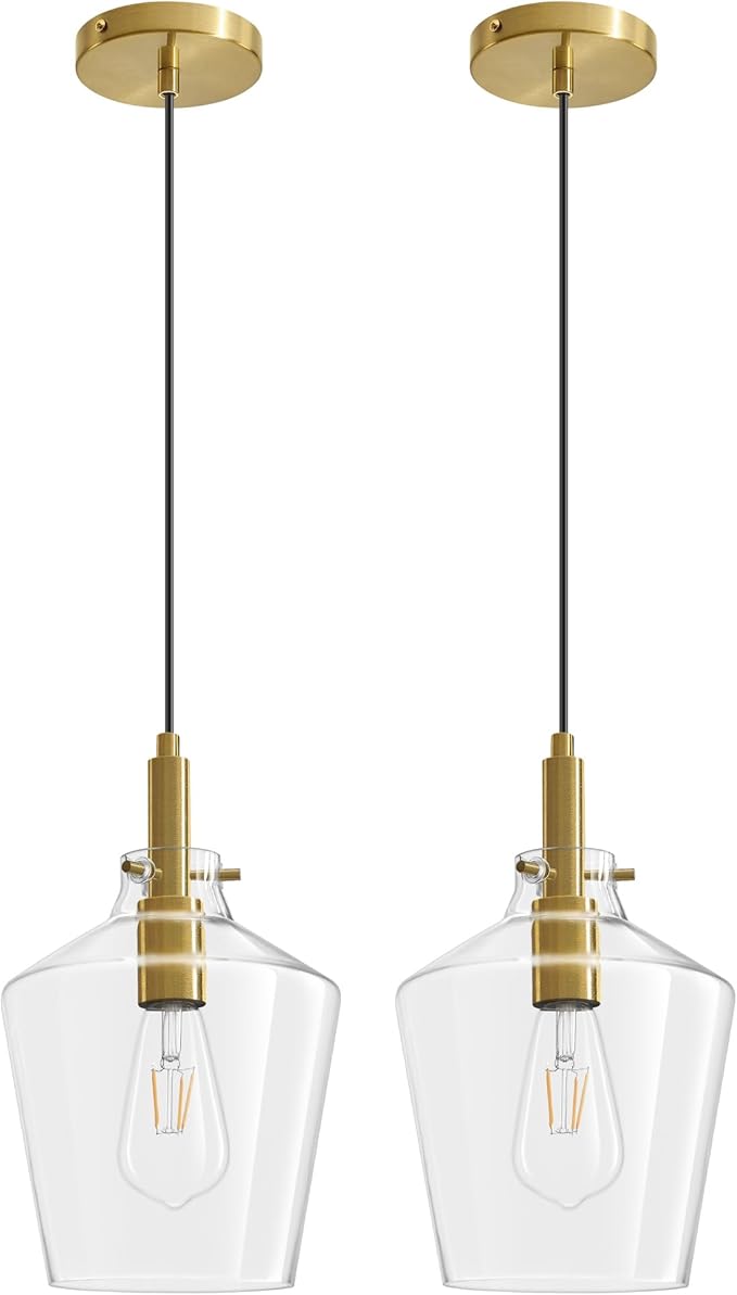 Modern Glass Pendant Lighting for Kitchen Island 2 Pack, Farmhouse Gold Pendant Light Fixtures, Adjustable Hanging Ceiling Light, Angled Clear Glass Shades 8 Inch