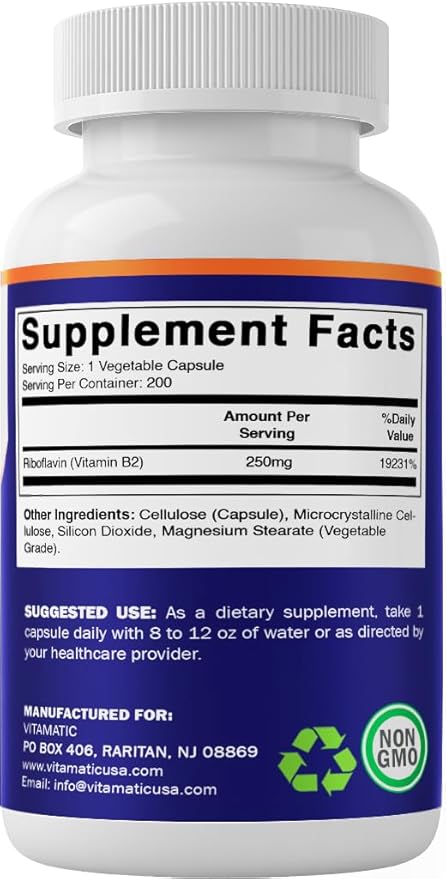 Vitamatic ビタミンB2(リボフラビン) 250mg - 200カプセル - 2パック