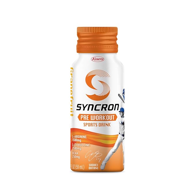 Syncron Pre Workout Sports Drink Backed by Shohei Ohtani, Aluminum Bottle, No Sugar & Caffeine Free Pre Workout Drink with L-Arginine, L-Citrulline & BCAAs for Training, Grapefruit, 6 Pack, 2 oz
