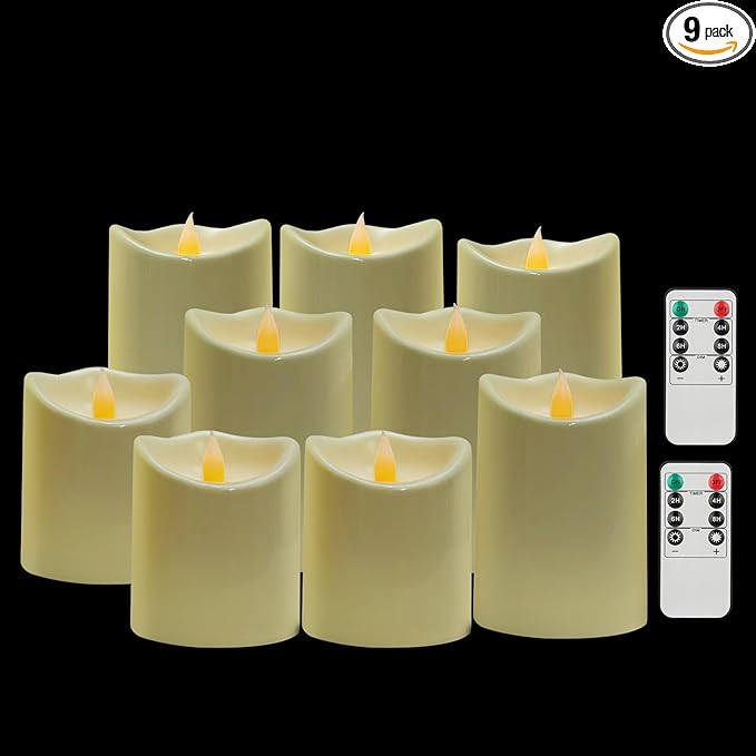 antizer Flameless Candles Set of 9 Plastic LED Ivory Pillars with 2 Remotes & Timer, Battery Operated Outdoor Decor for Garden Patio, Wedding & Home Festival (Ivory - 3" D x 9 Pack)