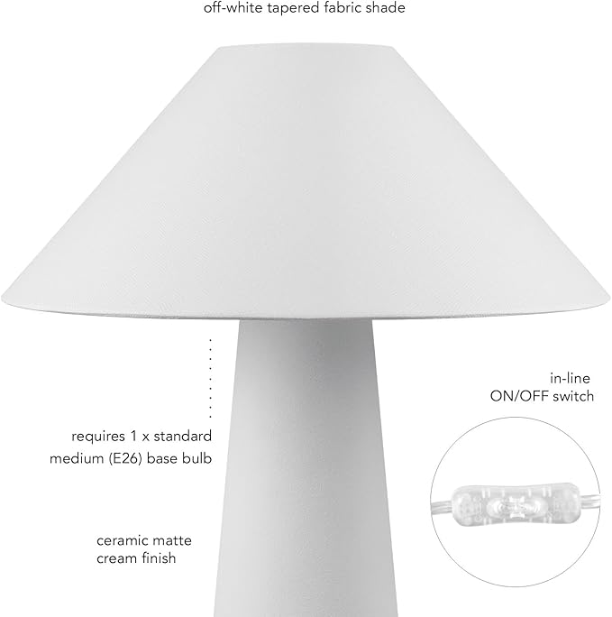 Novogratz x Globe 18" Ceramic Table Lamp, Matte Cream, Off-White Tapered Fabric Shade, in-Line Rocker Switch, 5 Ft. Clear Cord, Home Office, Desk, Living Room
