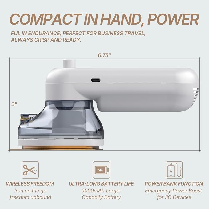 Cordless Handheld Iron, Portable Travel Iron Cruise Approved, USB-C Rechargeable Compact Iron for Spray Assist Dry Ironing with Precision Tip for Clothes,2026 Upgrade