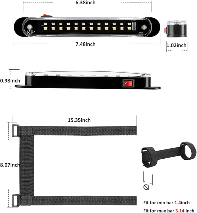 SUNPIE UTV Dome Light Universal SXS Wireless Interior Lights for Polaris Canam Pioneer/Talon Kawasaki Mule/Teryx Arctic Cat Golf Cart Boat Off-Road SXS All w/1.1/4in-2in Ironwork, Two Light Mode