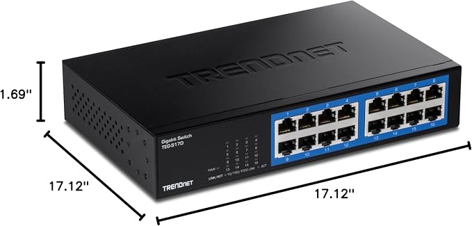 TRENDnet 16-Port Gigabit Desktop Switch, TEG-S17D, 16 x Gigabit RJ-45 Ports, 32Gbps Switching Capacity, Ethernet Splitter, NDAA & TAA Compliant, Internal Power Supply, Lifetime Protection, Black