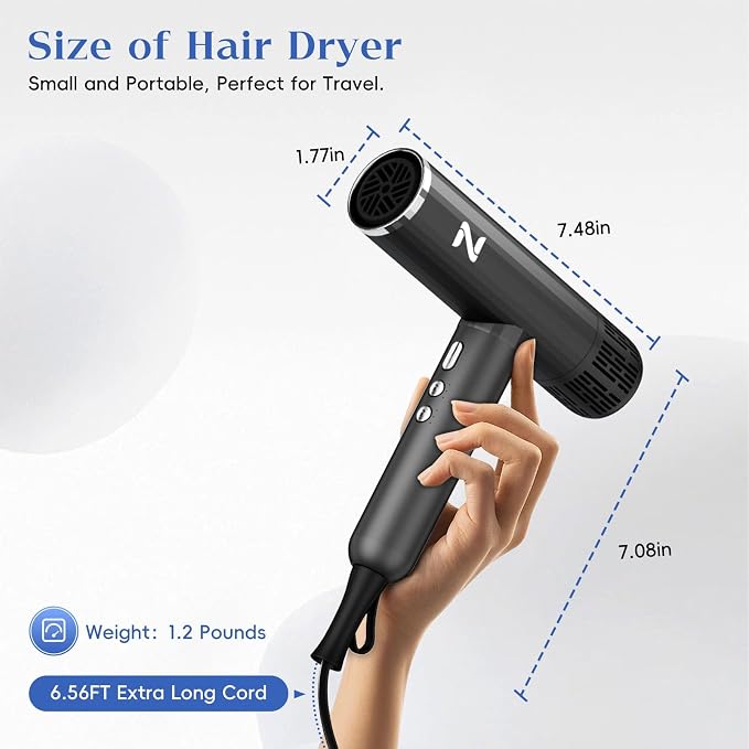 Natrial Ionic Professional Hair Dryer with Diffuser for Curly Hair,1600W&110000RPM High Speed Blow Dryer for Women,Fast Drying,Lock Function,Low Noise,Lightweight for Home Travel Salon,Mid Gray