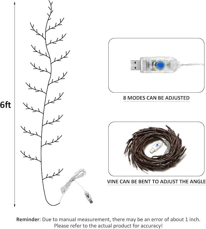 96 LED Willow Vine Lights 6FT Enchanted Wall Decoration Vine Lights Tree Branches Light 8 Modes for Home Indoor Wall Decoration (Warm White)