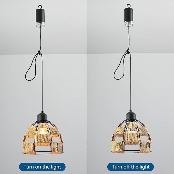 Battery Operated Chandelier with Remote & Timer, 7" Rattan Hanging Pendant Light, 4*AA Powered Cordless Outdoor Indoor Light, Dimmable Outdoor Chandeliers for Gazebo Porch Patio Bedroom Decor(4P)