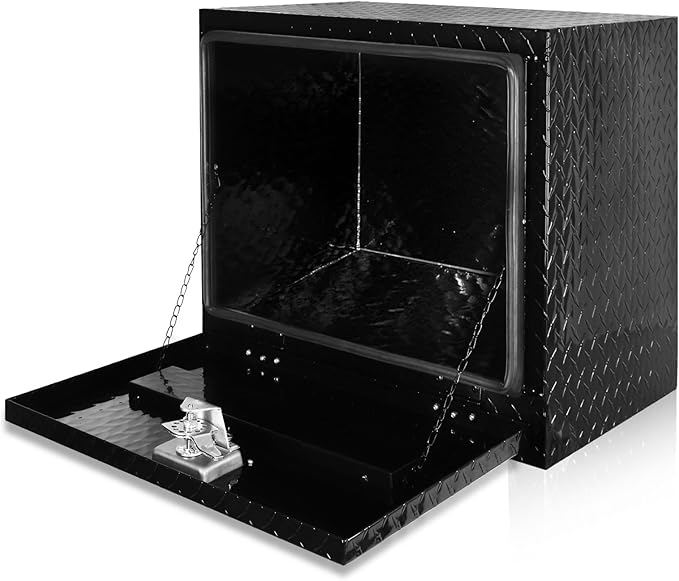 FORWODE 18x17x18 Inch Underbody Truck Tool Box Aluminum Trailer Tool Box with Lock & Foldable T-Handle Waterproof Truck Storage Box for Pickup Truck, Trailer, RV, ATV, Indoor(BLACK)