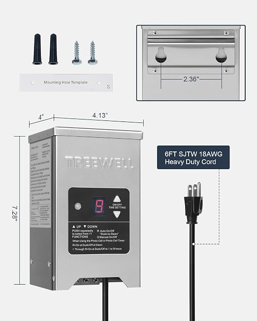 150W Low Voltage Landscape Transformer, Outdoor Landscape Lighting Transformer with Photocell Sensor & Timer, 120V AC to 12V/15V AC, Stainless Steel Weatherproof Transformer, ETL Listed