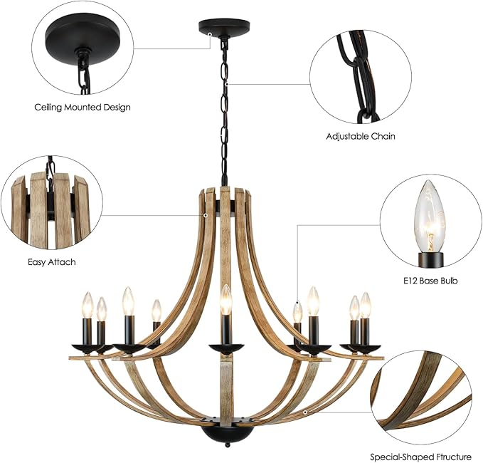LAMPKEDUO Farmhouse Chandeliers for Dining Room Light Fixture, 10-Light 35" Adjustable Height Retro Faux Wood Texture Rustic Light Fixtures for Living Room Bedroom Kitchen Island Foyer Entryway