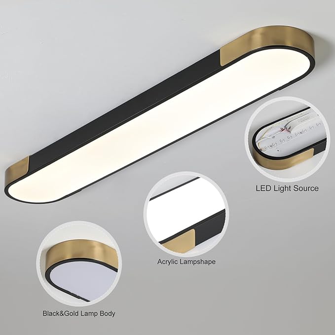 Qcyuui Kitchen Lighting Fixtures Ceiling,39.4 Inch Dimmable Modern Led Ceiling Light,Black and Gold Long Linear Ceiling Light Fixture for Office Bedroom Kitchen Hallway,(48W/3000-6500K)