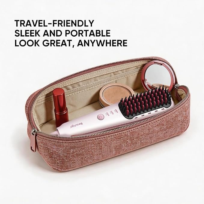 Mini Ionic Hair Straightener Brush, Portable Travel Hair Straightening Comb with 3 Temp Settings, 20s Fast Heating & Anti-Scald, Lightweight Hair Styler for Silky Shine, Rose Gold