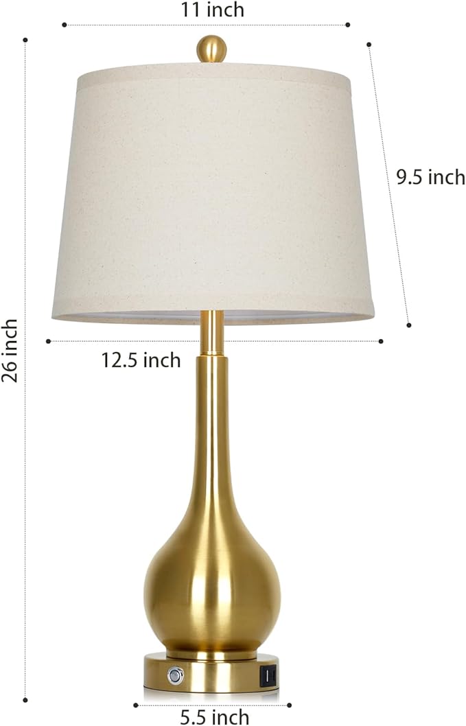 Rinweey 26" Gold Table Lamp for Living Room Single, Touch Control Bedside Lamp for Bedroom, 3-Way Dimmable End Table Lamp for Nightstand with USB Charging Port (1 Pack)