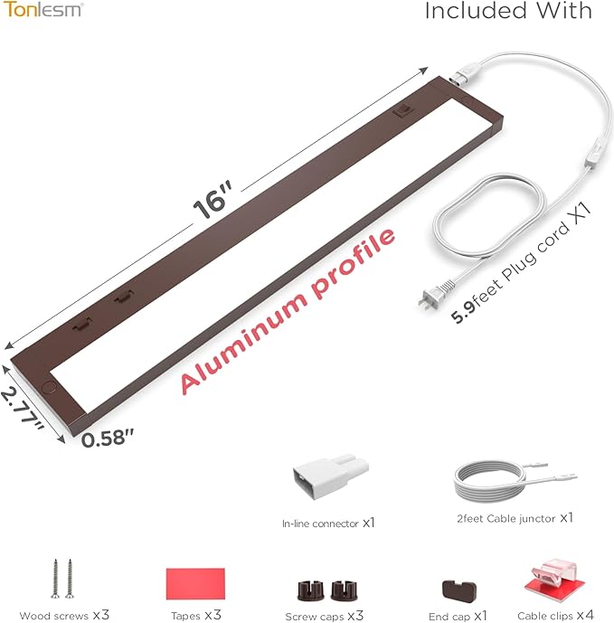 16 Inch Under Cabinet Lighting Plug in, 9W 120V 3 Color 3000K/4000K/5000K, 3 Brightness, Super Bright, Ultra Thin Under Counter Lights for Kitchen, Linkable LED Cabinet Light,Bronze