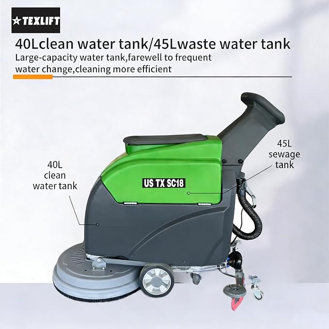 Walk-Behind Commercial Floor Scrubber Machine, 18โณ Cleaning Width, Battery Powered Scrubber Dryer with 13 Gal Tanks for Warehouse, Retail & Facility Cleaning (US-TX-SC18)