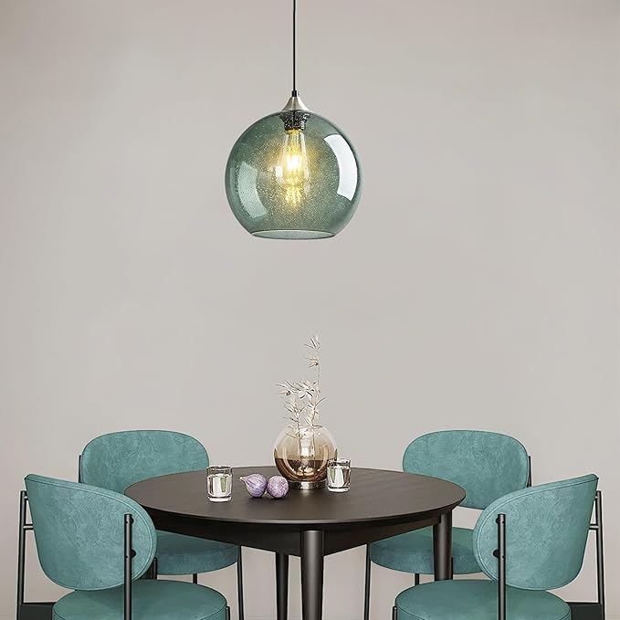 Mikeru Glass Globe Pendant Light Single, 5.9 Inch Gray Green Bubble Glass Hanging Lamp, Mid Century Modern Pendant Lighting for Kitchen Island Dining Room Bedroom (Bulb Not Included)