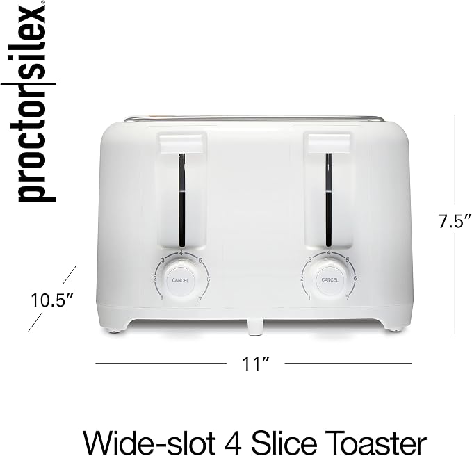 Proctor Silex 4 Slice Toaster with Extra Wide Slots for Bagels, Cool-Touch Walls, Shade Selector with 7 Browning Levels, Toast Boost, Auto Shut-off and Cancel Button, White (24214PS)