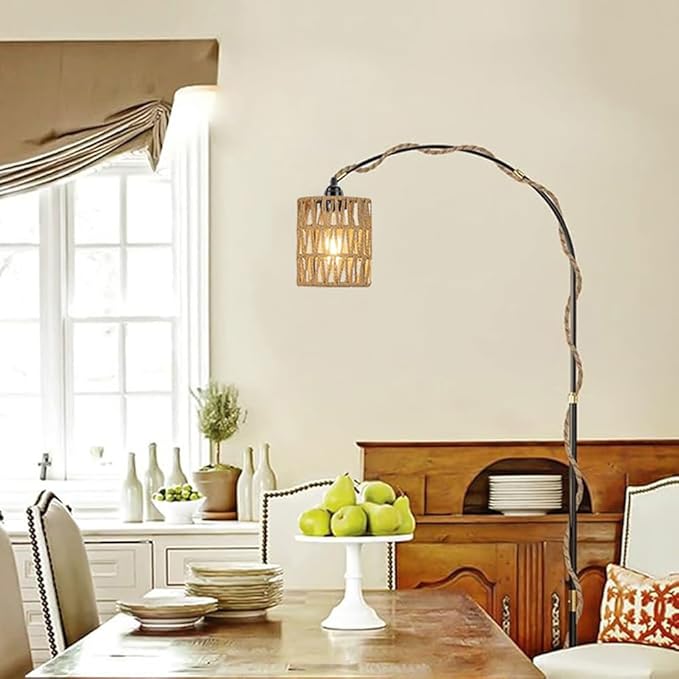 Boho Plug in Pendant Light, Hanging Light with Plug in Cord, Ceiling Lamp Rattan Cylinder Lamp Shade On-Off Switch, Hanging Plant Shelf Shelves Bohemian Decor for Bedroom Living Room Corner