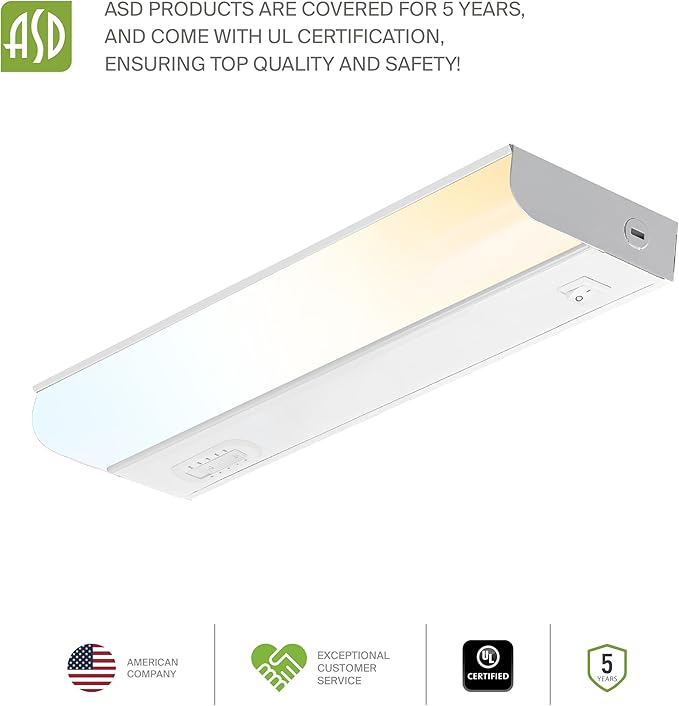 ASD LED Under Cabinet Lighting Hardwired, 12 Inch 5W 2700K-5000K Selectable, 442LM, CRI90+, Direct Wire Linkable Under Counter Lights for Kitchen, Dimmable Under Cabinet Lights, White, UL, 2 Pack