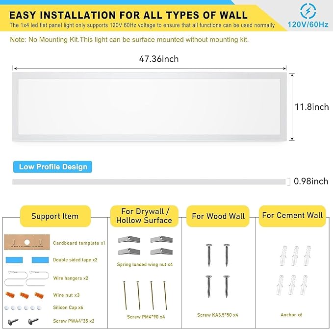 AIKVSXER 2PACK 1x4 LED Flat Panel Light Surface Mount LED Ceiling Light, 5500LM 50W TRIAC 10-100% Dimmable, 3000/4000/5000k Selectable, 120V Kitchen Ceiling Light Fixtures for Garage/Laundry White