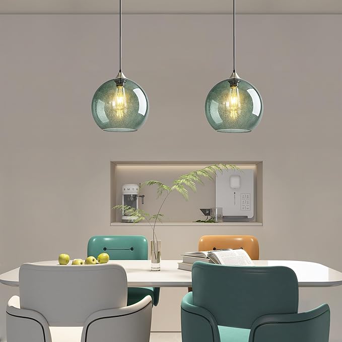 Modern 2-Pack Glass Globe Pendant Lights, Gray Green Modern Pendant Lighting for Kitchen Island, Glass Hanging Lamps for Dining Room Living Room Bedroom, Large 9.85 Inch Fixture (Bulbs Not Included)