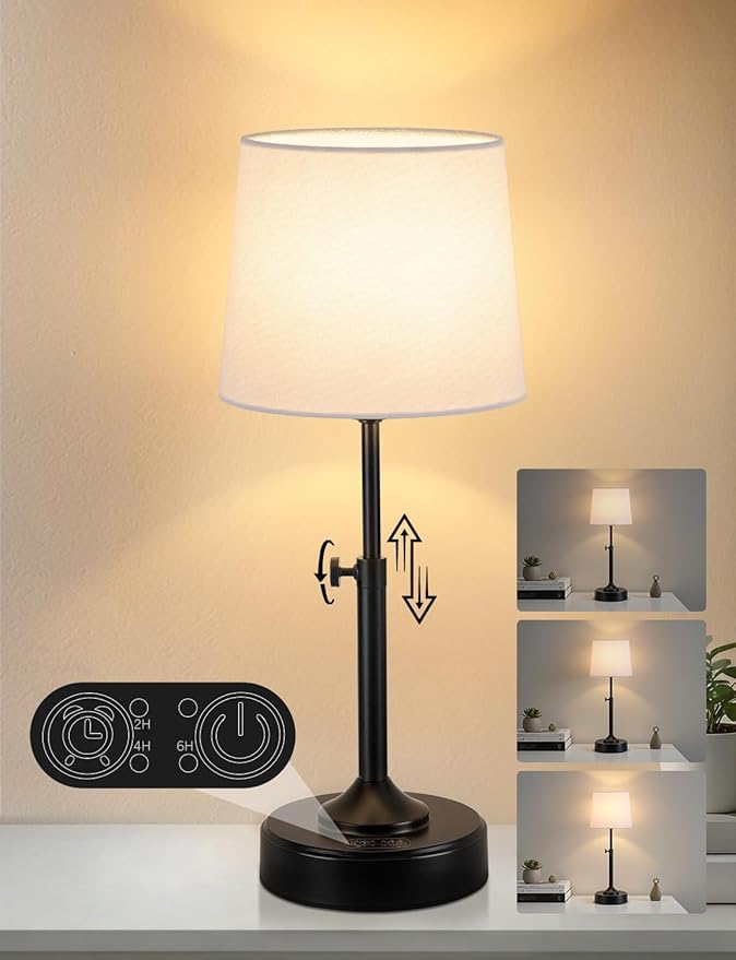 Height Adjustable Cordless Table Lamp Rechargeable with Timer, 3-Way & Stepless Dimmable LED Battery Operated Table Lamp, Wireless Battery Powered Lamp, Black Touch lamps for Nightstand Countertop