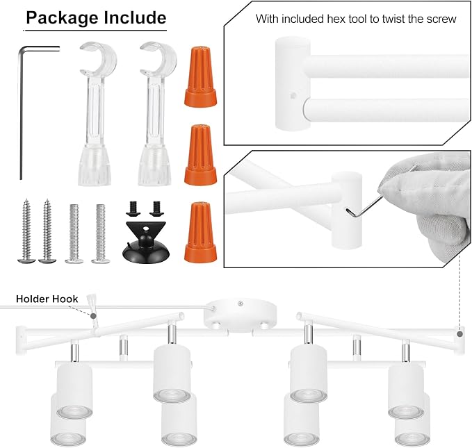 Plug in Track Lighting LED, Track Lighting Fixtures Ceiling, White 8-Light Kitchen Light Kit, Plug in Wall Light with 14.8ft Power Cord, Rotatable Ceiling Spotlight for Bedroom(GU10 Socket, NO Bulb)