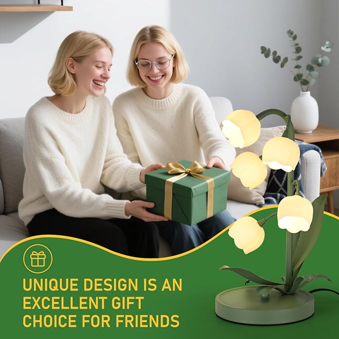 Flower Table Lamp for Bedroom,3 Colors Flower Reading Light with 5 Lily of The Valley, Cute Desk Lamp Bedside Lamps for Nightstands Home Decor,Soft Reading Night Light for Bedroom Living Room Office