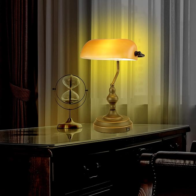Banker Desk Lamp Touch Control, Vintage Banker's Desk Lamp with USB-A Port, 3 Way Dimmable Desk Lamps, Farmhouse Library Lamp Oil Rubbed Bronze for Office, Study Room
