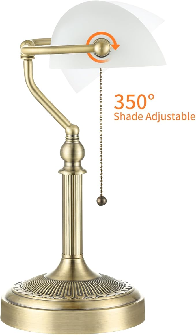 Traditional Glass Bankers Desk Lamp with Pull Chain Switch Plug in Fixture