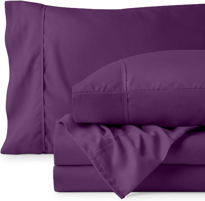 Bare Home Split Head Flex King Sheet Set - 1800 Ultra-Soft Microfiber Bed Sheets - Double Brushed - Deep Pockets - Easy Fit - 4 Piece Set - Bedding Sheets & Pillowcases (Plum)