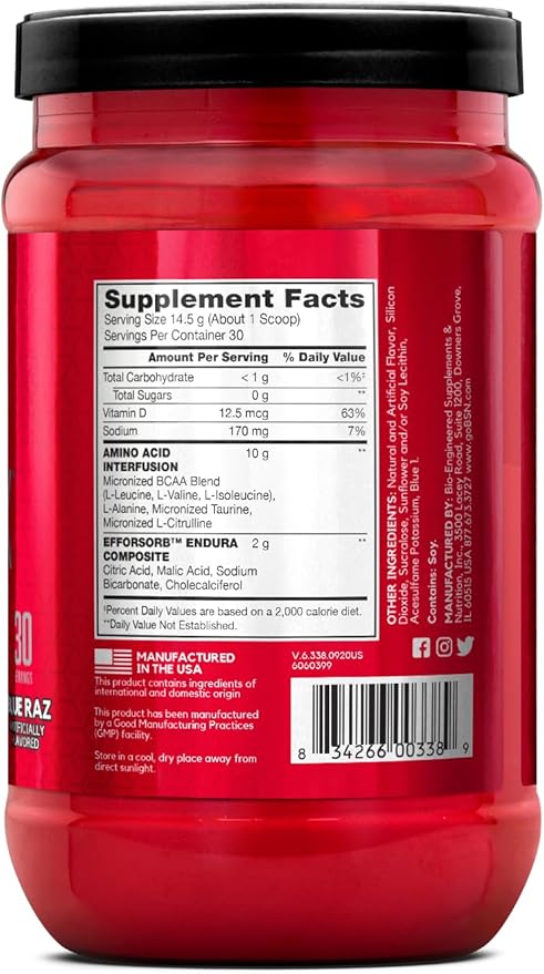 BSN Amino X Muscle Recovery & Endurance Powder with BCAAs, 10 Grams of Amino Acids, Keto Friendly, Caffeine-Free, Support Endurance, Zero Sugar, Blue Raz, 30 servings, 15.34 Ounce (Packaging May Vary)