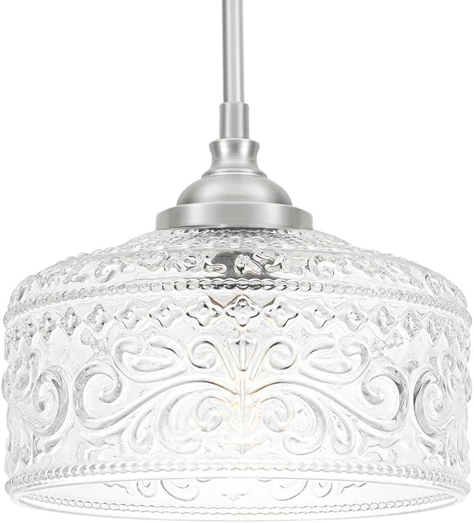 Modern Brushed Nickel Pendant Lights Kitchen Island, Bathroom Pendant Light with Clear Glass, Pendant Lighting over Island with Adjustable Rod, Farmhouse Hanging Light for Dining Room Hallway, E26