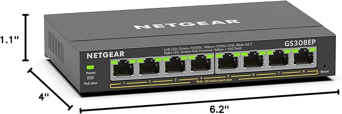 NETGEAR 8 Port PoE Gigabit Ethernet Easy Smart Managed Essentials Switch (GS308EP) - with 8 x PoE+ @ 62W,Desktop or Wall Mount,(Pack of 6)