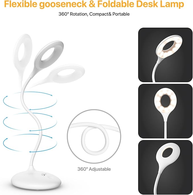 Rechargeable Desk Lamp, 3 Color Modes with Red Light Therapy & Eye Protection Orange Light, Stepless Dimming Touch Control, No Blue Light, Portable Cordless Reading Lamp for Bedroom Office Students