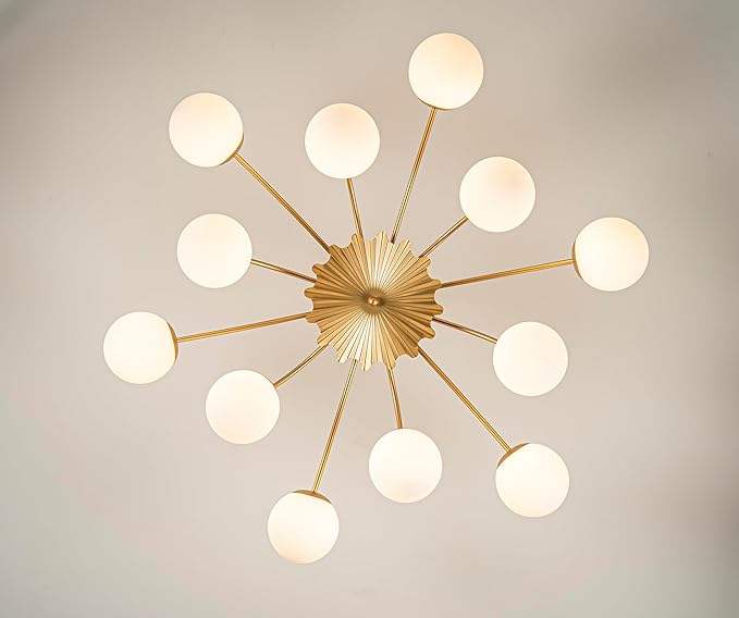 12-Light Milk Glass Pendant Light, 40" Sputnik Bubble Glass Chandelier Light Fixture, Hand Blown Semi Flush Mount Ceiling Chandeliers Lighting for Dining Room, Living Room (Gold, 12-Light Chandelier)