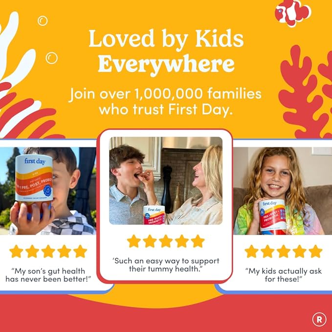 Gummies Probiotiques Enfants FIRST DAY - Probiotiques 3-en-1 pour enfants + Prébiotiques et Postbiotiques - Prébiotiques et Probiotiques pour la Santé Digestive et le Soutien Immunitaire – Végétalien, Sans Gluten, Approvisionnement de 30 Jours