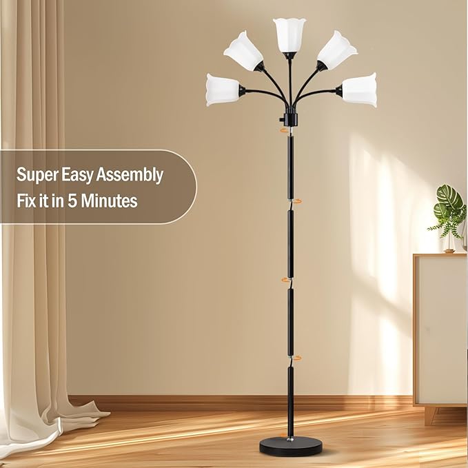 GyroVu Medusa LED Floor Lamp, Multi Head Modern Tall Lamp with Adjustable Gooseneck Standing Lamps for Living Room Bedroom Kids Room Office 5 White Lampshades Bulb Not Included(Black)