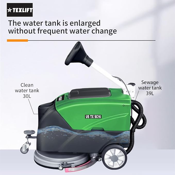 Walk-Behind Commercial Floor Scrubber Machine, 16โณ Cleaning Width, Battery Powered Scrubber Dryer with 9 Gal Tank for Warehouse, Retail & Facility Cleaning (US-TX-SC16)