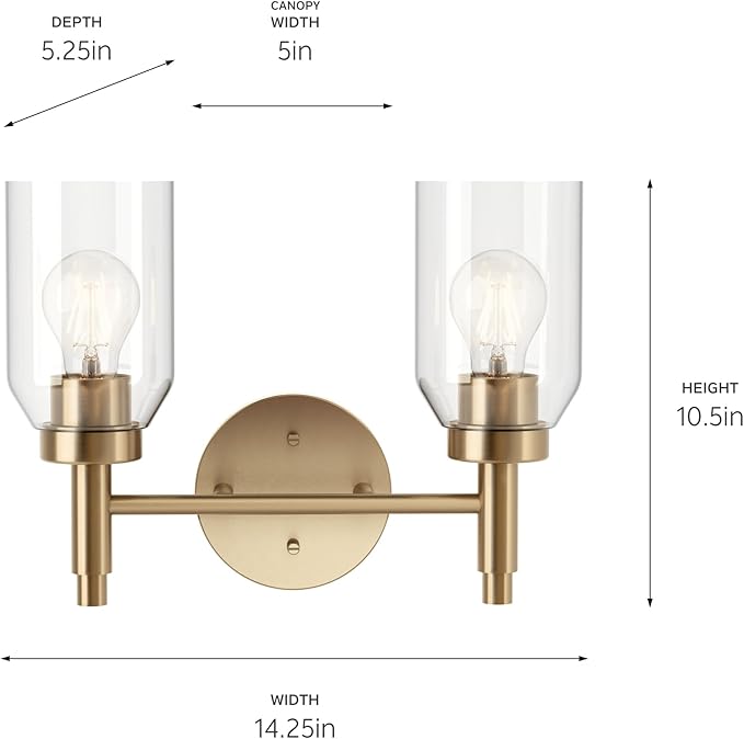 Kichler Madden 2-Light Bathroom Vanity Light Fixture with Clear Glass Shades, Modern Wall Mount Lighting in Champagne Bronze for Single or Double Vanity (10.5" x 14.25"), 55184CPZ