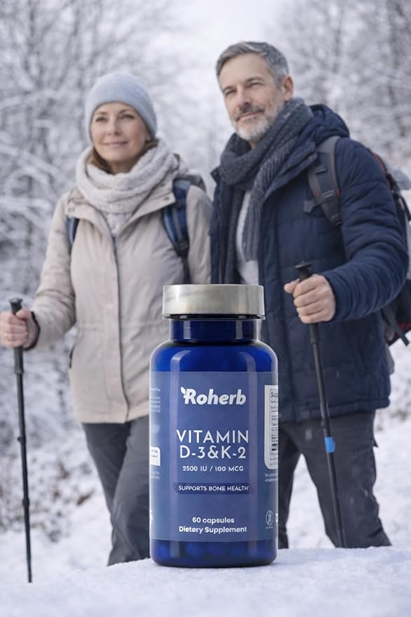 Vitamin D3 & K2 Capsules, 2500 IU Vitamin D3 with 100 mcg Vitamin K2 (MK-7),Halal, 60 Capsules