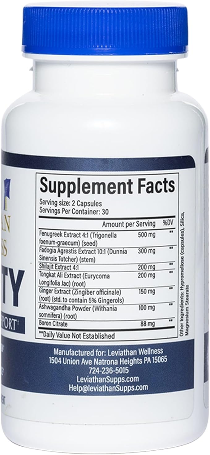 Vitality – Testosterone Support Formula | Fenugreek (500 mg), Fadogia Agrestis (300 mg), Shilajit, Tongkat Ali, Ginger, Ashwagandha | 60 Capsules, 30 Servings | Made in the USA