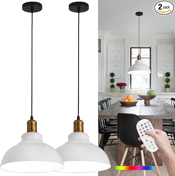 Rechargeable Pendant Light with Remote,Battery Operated Pendant Lights,White Pendant Light Fixtures for Kitchen Island,Modern Industrial Hanging Lights for Dining Room Entryway Hallway(2 Pack)